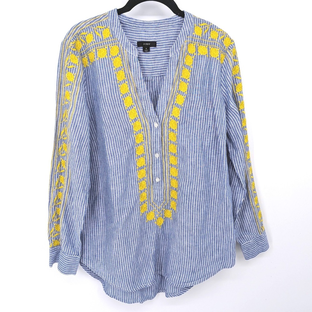 J‎ Crew Embroidered Linen Tunic Women Small Blue White Striped Boho Floral Top